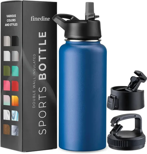 Vista 10 de FineDine Botellas de agua aisladas de triple pared con popote, botella de metal de acero inoxidable de 25 onzas con 3 tapas a prueba de fugas