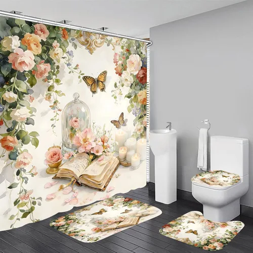 Vista 6 de Yizheer Juego de 4 cortinas de ducha de castillo de flores de libro, diseño de luna, impermeable, kit de decoración de baño
