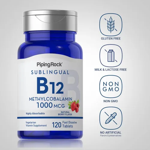 Vista 3 de Piping Rock Vitamina B12 1000 mcg Sublingual 120 tabletas como metilcobalamina Sabor a bayas Vegetariano, sin OMG, suplemento sin gluten