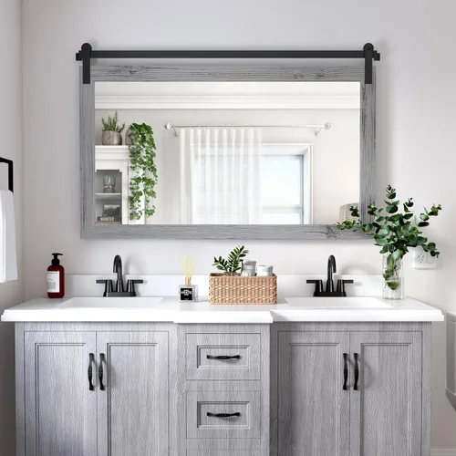 Vista 71 de COGOOD Espejo de puerta de granero de granja, 25 x 18 pulgadas, espejo decrativo con marco de madera rústica para baño, sala de estar, decoración