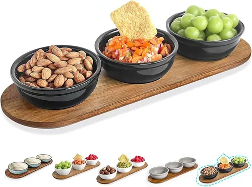 Vista 9 de Artena Juego de 6 Tazas de 177ml de Cerámica Sólida Turquesa para Chips y Dip con Bandeja de Madera de Acacia, Tazas de Servir Pequeñas de 11.4cm