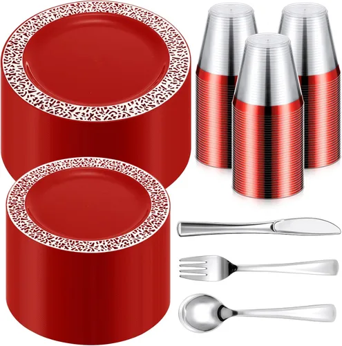 Vista 4 de Norme Juego de vajilla de plástico desechable de 300 piezas, 100 platos de plástico, 150 cuchillos, tenedores y cucharas con 50 vasos con borde