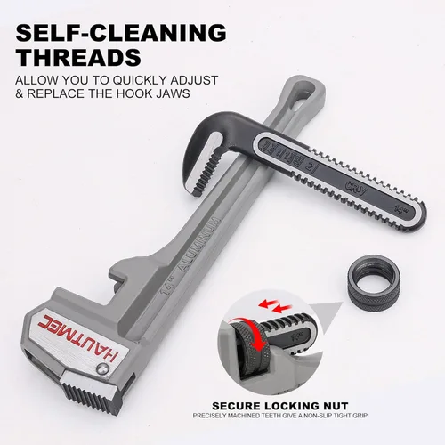 Vista 3 de HAUTMEC Llave de tubo recta de aluminio de 14 pulgadas, llave de fontanería ajustable, capacidad de mandíbula de 2 pulgadas, llave de tubería