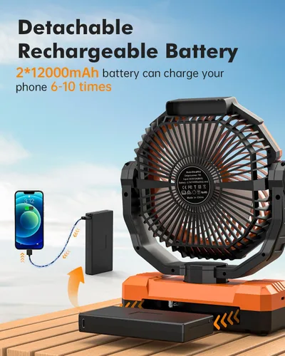 Vista 9 de Ventilador de campamento de 24000 mAh – Ventilador de mesa recargable desmontable con luz y gancho para tienda de campaña, al aire libre