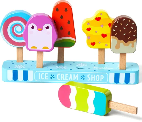 Vista 9 de Carrito de Helados de Madera Juguete Playset con Juguetes de Helado Juego de Comida de Simulación Camión de Comida Accesorios de Cocina de Juego