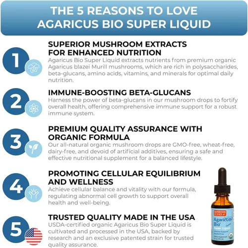 Agaricus Bio Super Tintura Líquida, Hongo Agaricus Blazei Orgánico, 1.0 fl oz | Fruiting Body Beta-Glucan Drops for Natural Killer Cell Activity,