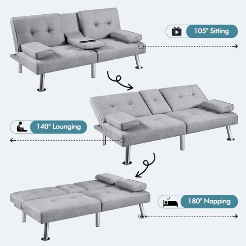 Vista 30 de Yaheetech Sofá biplaza cama, convertible, tela, ajustable, moderno, reclinable, reversible, plegable, reposabrazos extraíbles, portavasos, 3