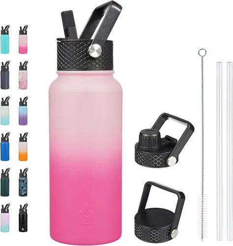 Vista 59 de BJPKPK - Botellas de agua aisladas con tapa de popote, botella de agua de acero inoxidable de 27 onzas con 3 tapas, termo de metal libre de BPA a