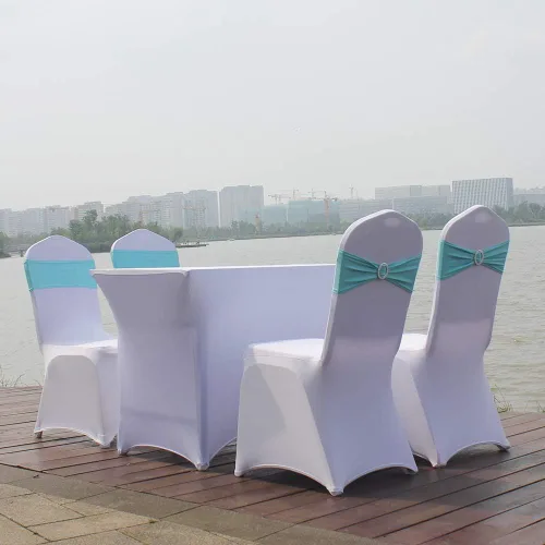 Vista 5 de 10 bandas elásticas de elastano azul turquesa, mano de obra de doble costura, bandas para cubierta de silla con hebilla deslizante para boda