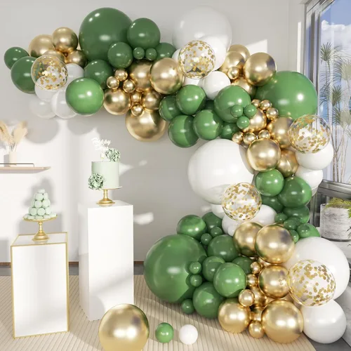 MEBAY Kit de arco de globos de oro verde, blanco, 146 piezas de confeti dorado cromado metálico verde aguacate y globos de látex blanco para