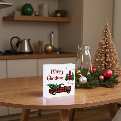 Vista 3 de Decoración de mesa de Navidad, decoración de Navidad, interior, hogar, habitación, camión, oficina, baño, caja de madera, letrero de madera rústica