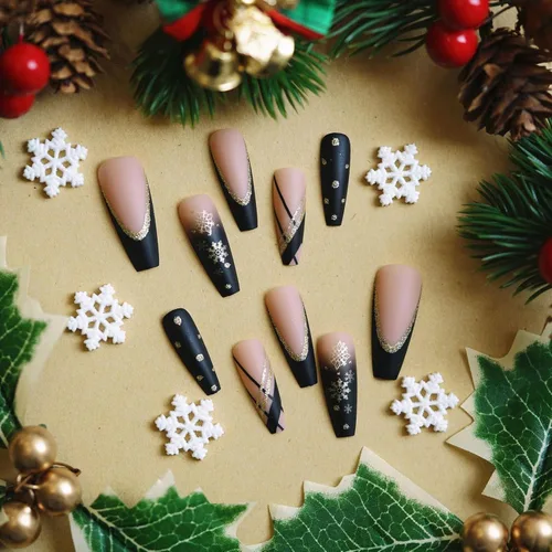 Vista 2 de MISUD Uñas postizas largas con diseño de ataúd con oro negro, diseño acrílico de copo de nieve con purpurina, 24 piezas