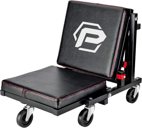 Vista 2 de Powerbuilt, asiento rodante convertible 2 en 1, se convierte de asiento rodante alto a bajo, conversión rápida y sin herramientas, para garaje