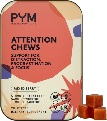 PYM Attention - Masticables de apoyo para procrastinación, concentración y productividad, 20 unidades | 518 mg de L-carnitina, 54 mg de tirosina, 11