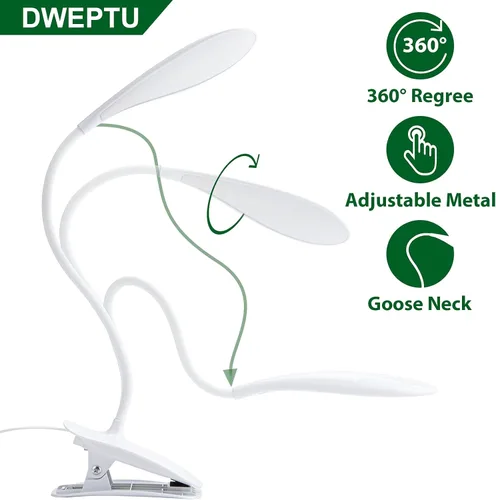 Vista 3 de Lámpara de escritorio LED con abrazadera para cuidado de los ojos, luces de lectura con puerto USB, luz nocturna de cama de cuello de cisne flexible