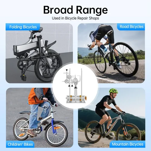 Vista 8 de Soporte de rueda de bicicleta, soporte profesional de reparación de ruedas de bicicleta plegable para ruedas de 10 a 29 pulgadas, ancho de llanta