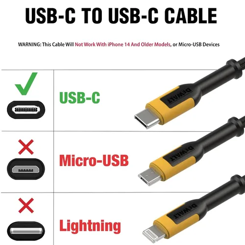 Vista 2 de DEWALT Cable USB C de Alta Resistencia, Cable USB C de 60 Vatios para Sitio de Trabajo, Cable de Alta Velocidad de Tipo C a Tipo C, Carga Rápida PD