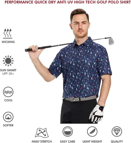 Vista 5 de Camisas polo de golf para hombre, manga corta, a rayas, de rendimiento, absorben la humedad, ajuste seco