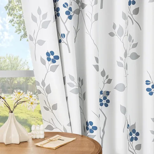 Vista 6 de Beauoop Cortinas Florales 100% Opacas de 54 Pulgadas de Largo, 2 Paneles para Dormitorio, Sala de Estar, Azul Gris y Blanco con Patrón de Flores
