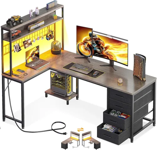 Vista 12 de AODK Escritorio en Forma de L para Gaming con Luz LED y Toma de Corriente, Mesa de Computadora Reversible en Forma de L de 43 Pulgadas con Estante