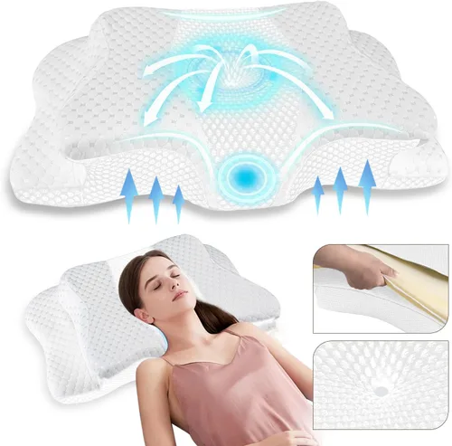 Vista 10 de Almohada cervical para aliviar el dolor para el cuello, almohada ergonómica ajustable para dormir acogedor, almohadas ortopédicas de espuma