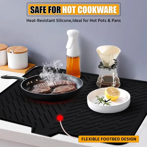 Vista 9 de Luxet Alfombrilla de silicona para secar platos con borde de drenaje integrado, almohadilla de secado higiénica, bandeja resistente compacta y fácil
