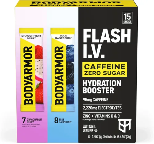 Vista 2 de BODYARMOR Caffeinated Flash IV Electrolyte Packets, Blue Raspberry & Dragonfruit Berry Variety Pack, Zero Sugar Energy Drink Mix, Single Serve