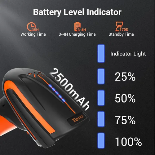 Vista 2 de Tera Escáner de código de barras inalámbrico 2D QR: versión Pro todo nuevo indicador de nivel de batería 2500mAh industrial a prueba de caídas 1D 2D