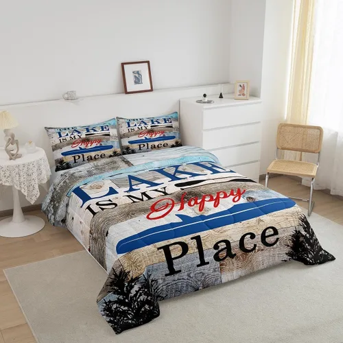 Vista 2 de Manfei Juego de edredón con temática de lago, tamaño individual, juego de ropa de cama rústica de 2 piezas para niños, adolescentes, decoración
