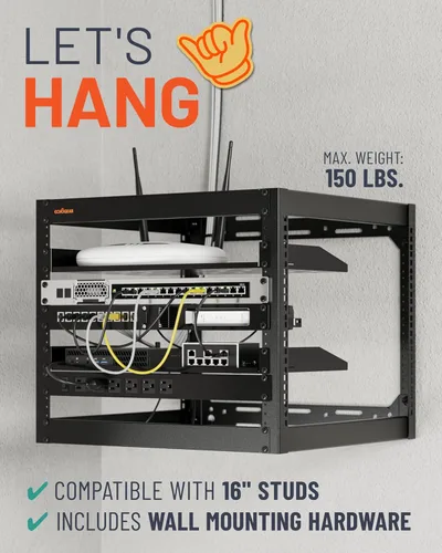 Vista 3 de ECHOGEAR 10U Network Rack - Wall Mountable Heavy Duty 4 Post Design Holds All Your Networking & AV Gear - Open Frame Design Includes 2 1U Vented