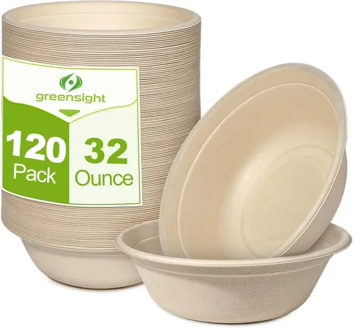 Cuencos de papel grandes desechables de 32 onzas, paquete de 120 cuencos resistentes para sopa caliente, cuencos compostables biodegradables,