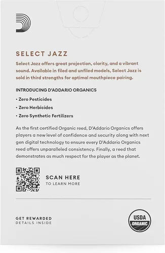 Vista 2 de D'Addario Organic Select Jazz Unfiled - Cañas de saxofón soprano - Cañas de saxofón - Selladas individualmente - 3 duras, paquete de 10