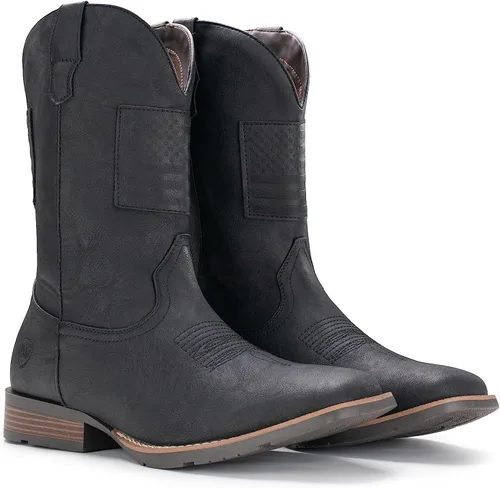 Vista 7 de IUV Botas vaqueras para hombre, botas occidentales tradicionales con bandera estadounidense, retro, punta cuadrada, botas de trabajo de campo