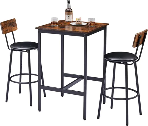 Vista 8 de Juego de 2 mesas de bar y sillas de bar, mesa de bistró y taburete de bar, mesa de comedor pequeña con taburete tapizado, color gris