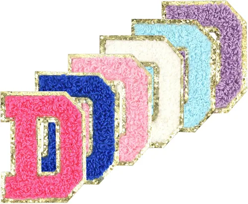 Vista 11 de 6 piezas de parches de letras de chenilla autoadhesivas con purpurina para planchar, parches de letras universitarias estilo preppy, letras difusas