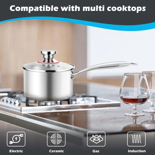 Vista 3 de E-far Cacerola de 1 cuarto de galón, sartén de acero inoxidable de tres capas con tapa de vidrio, pequeña olla de inducción de cocción compatible