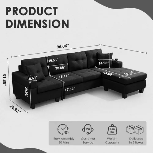 Vista 2 de Wakefit Sofá seccional, moderno juego de muebles de sala de estar de 4 plazas con diván reversible y 2 almohadas, sofá en forma de L, portavasos