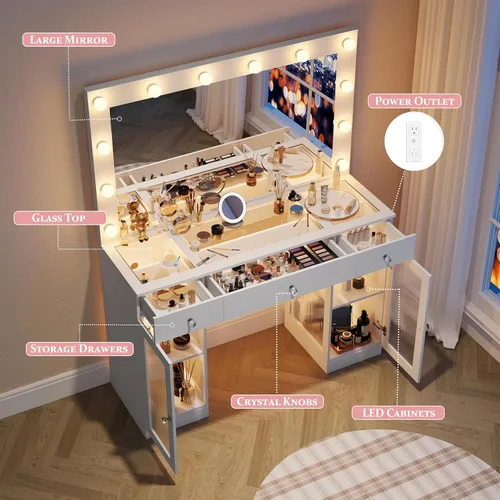Vista 6 de IFSEB Escritorio de tocador con espejo grande y luces, tocador de maquillaje con parte superior de cristal con luces y toma de corriente