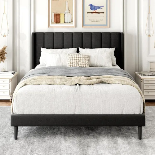 Vista 13 de Base de cama tamaño Queen con cabecera tapizada con respaldo de ala, plataforma de fácil montaje, soporte de listones de madera, no necesita somier