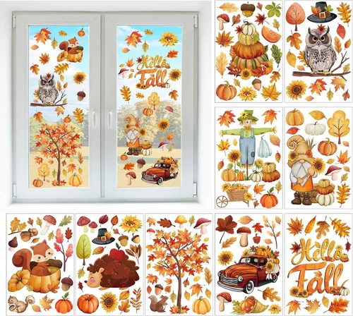 Cinrobiye 150 piezas de calcomanías de ventana de otoño, calcomanías de ventana de Acción de Gracias, arte de ventana de calabaza y hojas de arce,