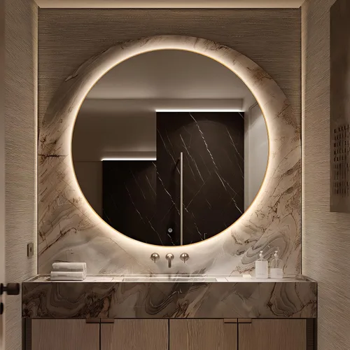 Vista 21 de Espejo de Baño LED Redondo de 30 Pulgadas, Espejo de Tocador Retroiluminado de Pared con Marco Biselado de 45°, Espejo Iluminado para Dormitorio