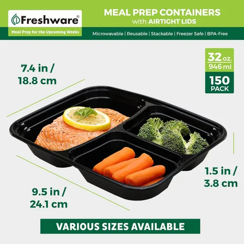 Vista 4 de Freshware Contenedores de preparación de comidas [paquete de 150] 3 compartimentos con tapas, contenedores de almacenamiento de alimentos, caja