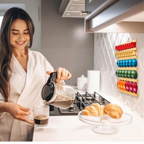 Vista 4 de Soporte para tazas K, soporte de madera para cápsulas de café, 10 piezas debajo de los gabinetes de montaje en pared vertical/horizontalmente