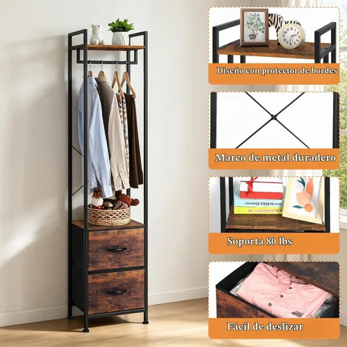 Vista 4 de Perchero de ropa resistente con cajón de tela y estantes de almacenamiento Brown+black