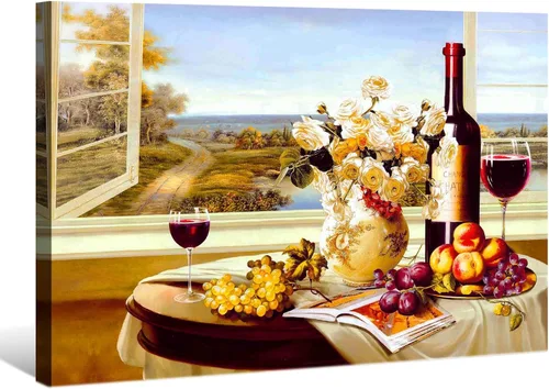 Denozer Kitchen Pictures Wall Decor, Golden Yellow Farmhouse Rustic Canvas Painting with Fruit and Flowers, Vintage Kitchen Decorations for Kitchen