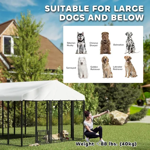Vista 9 de PawHut Perrera para perros al aire libre de 10 x 10 x 6 pies, alambre soldado con cuencos giratorios de 360°, cubierta impermeable y resistente a