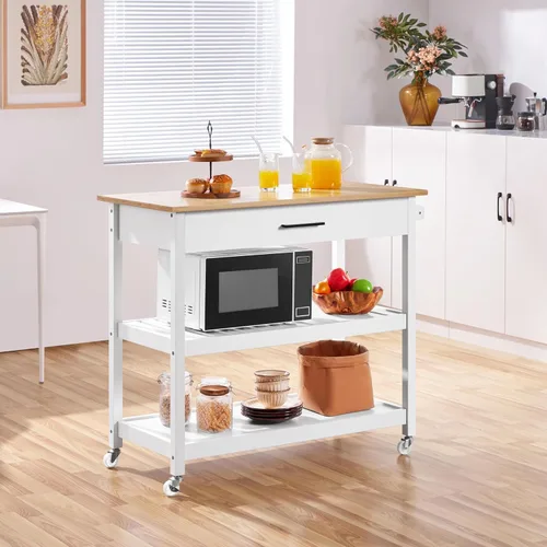 Vista 3 de Yaheetech Carrito de cocina con cajón y estantes de almacenamiento, carrito con parte superior de bambú sobre ruedas para comedor, 40 pulgadas