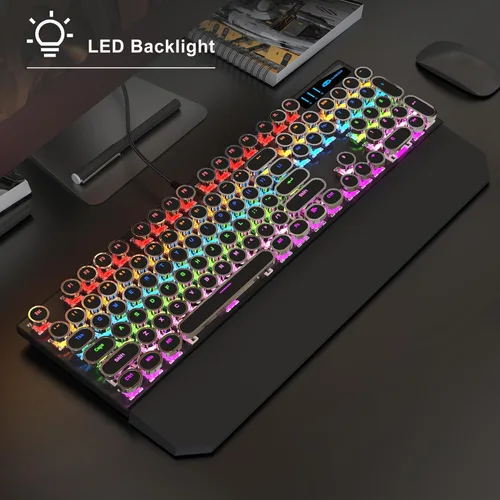 Vista 2 de Combo de Teclado Mecánico y Mouse para Gaming de Máquina de Escribir, Keycaps Redondas Punk Retro con Retroiluminación RGB Arcoíris, Teclado