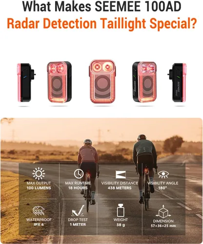 Vista 8 de Magicshine Luz trasera de bicicleta Radar SEEMEE 100AD, control FTR LightSync, luz trasera de radar para bicicleta con USB recargable 700mAh IPX6