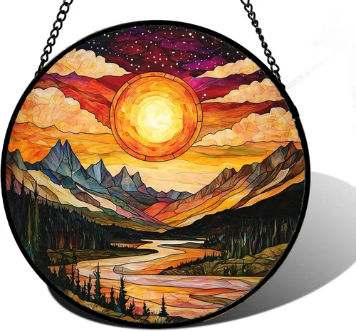 Vista 10 de DASTOLL Vitral para colgar en la ventana, atrapasoles de escena nocturna de Van Gogh, panel de cristal colorido, atrapasoles de cielo estrellado